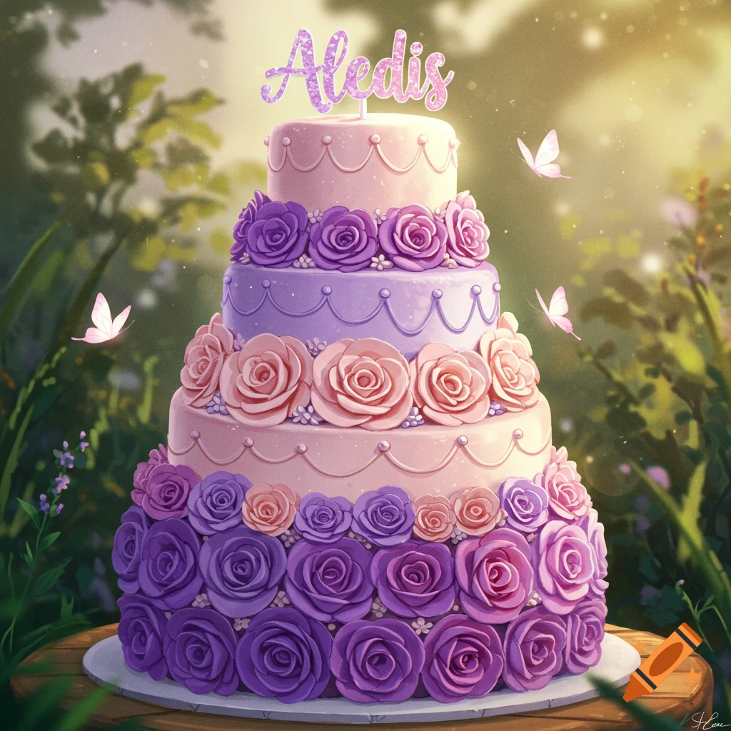A vibrant, tiered birthday cake decorated with purple and pink roses and a glittery 'Aledis' topper, set in a magical garden with butterflies.