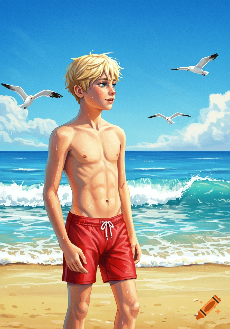 An illustration of a blond teen boy in red swim shorts standing on a sandy beach with the ocean and seagulls in the background.