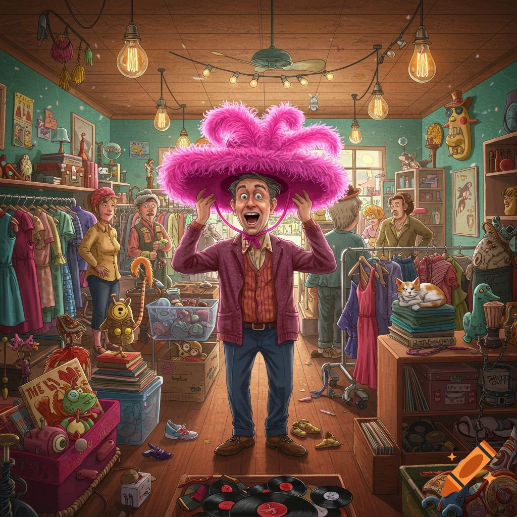 A man gleefully tries on a large, fluffy pink hat in a cluttered, colorful thrift store filled with clothes, records, and quirky items, in a whimsical illustration style.