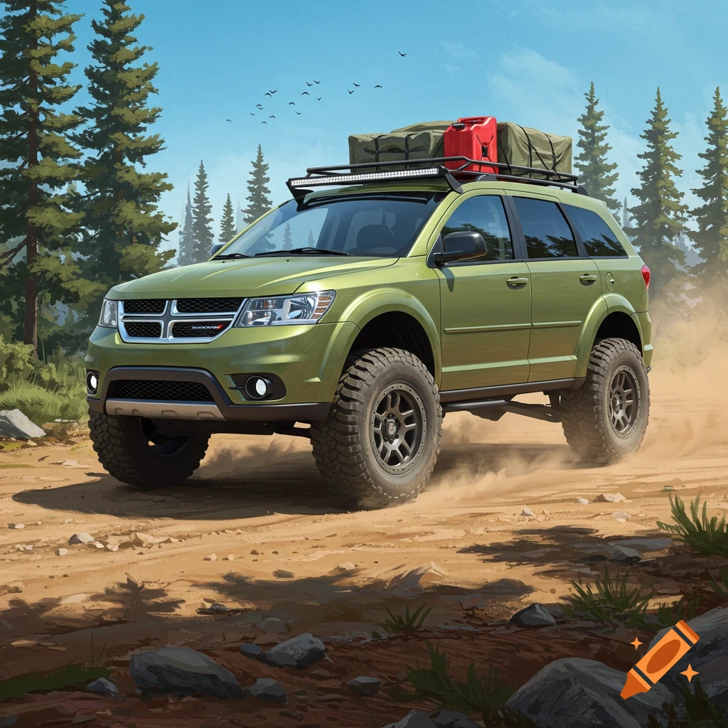 A green lifted Dodge Journey SUV with oversized tires and roof rack drives on a dirt road through a pine forest under a blue sky, kicking up dust.
