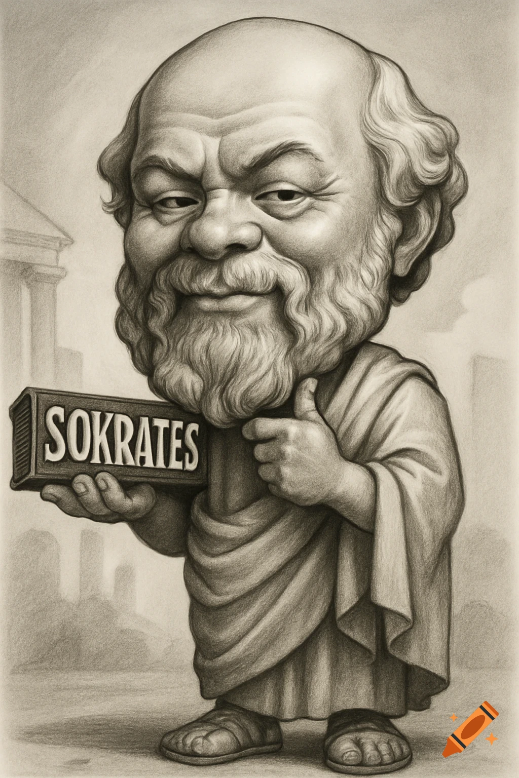 Black and white caricature drawing of Socrates with a big head, smiling, giving a thumbs up, and holding a book titled 'SOKRATES'.