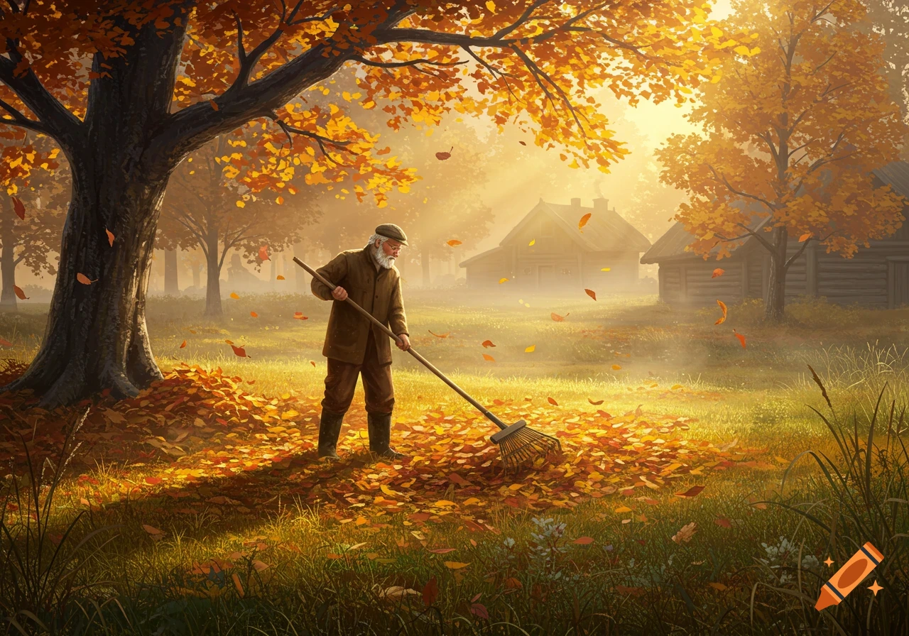 An old man with a beard rakes fallen autumn leaves under a large tree in a hazy, sunlit rural landscape.
