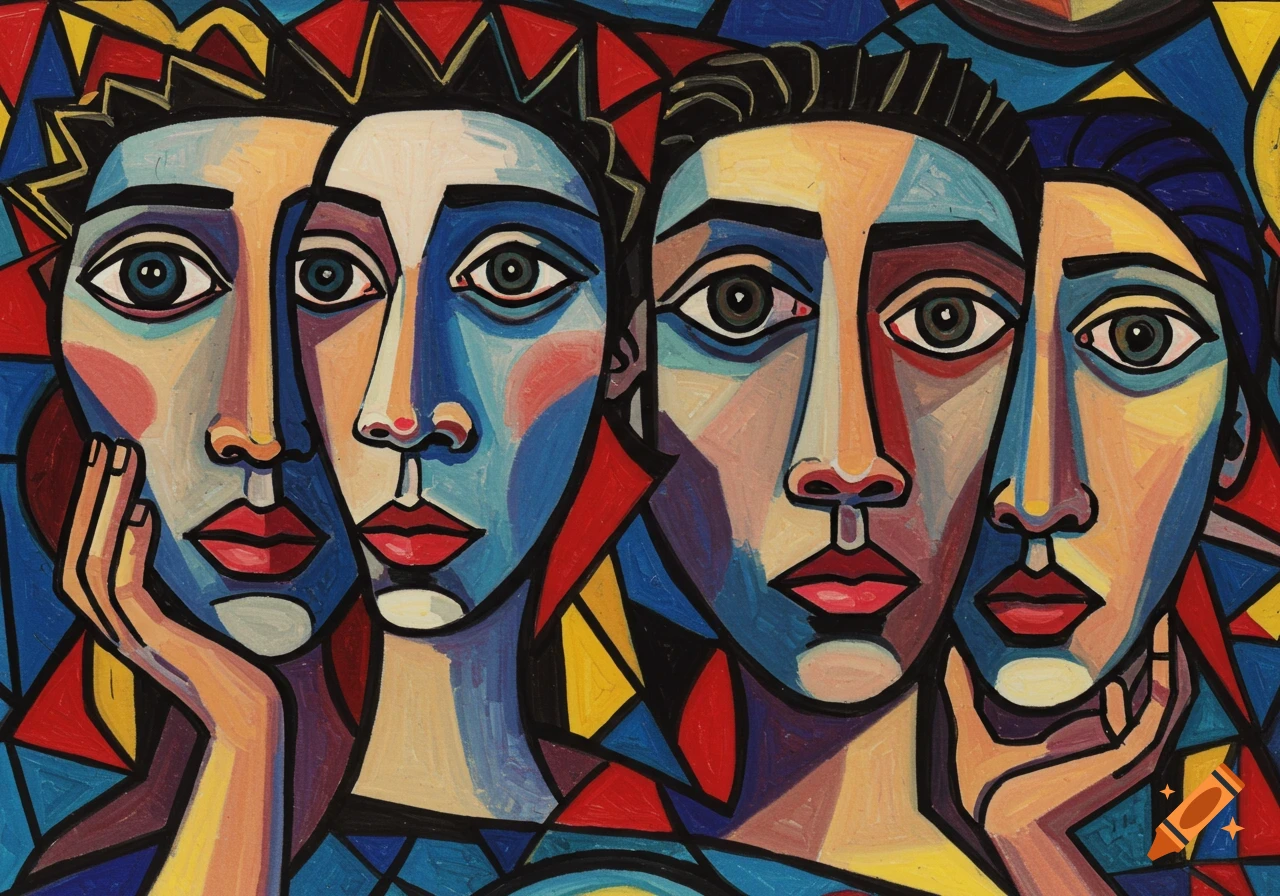 Colorful abstract cubist painting of four stylized human faces.