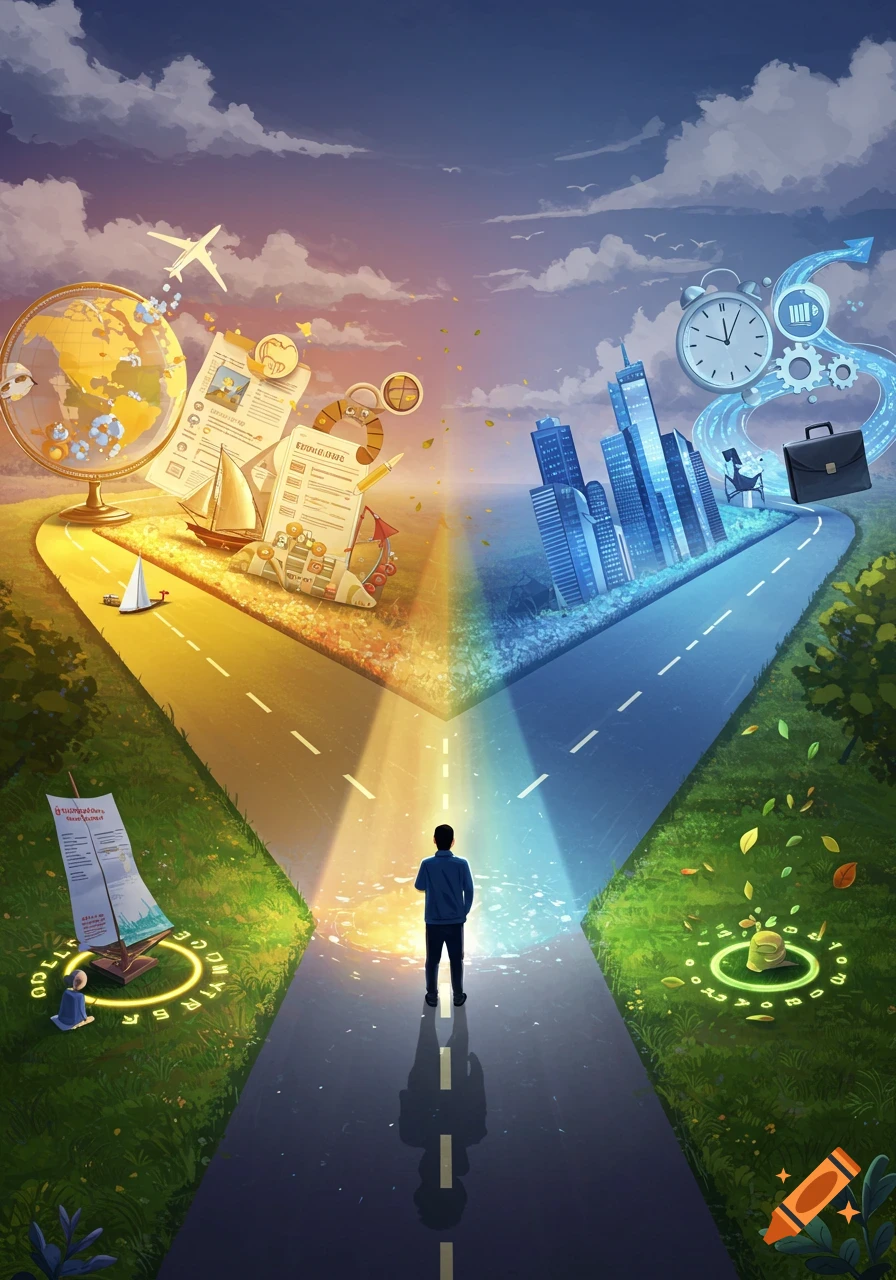 Person standing at a crossroads, choosing between a path with travel symbols and a path with career symbols.