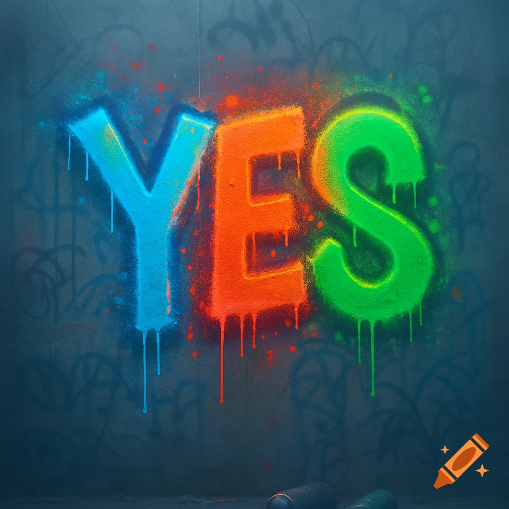 The word YES spray-painted in bright blue, orange, and green on a dark, textured wall, with paint drips and overspray.
