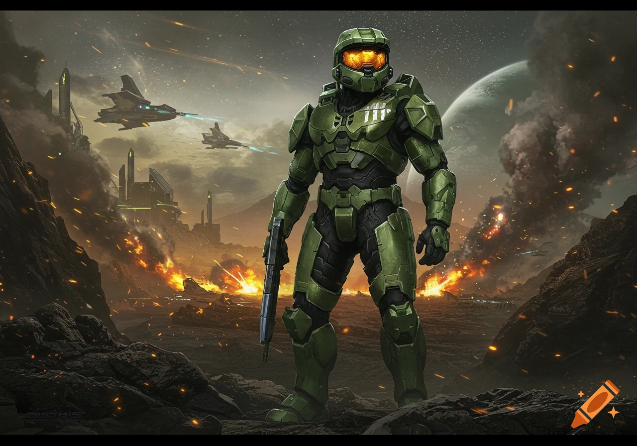 Master Chief in green armor stands on a rocky battlefield with futuristic buildings, spaceships, explosions, and a large planet in the sky.