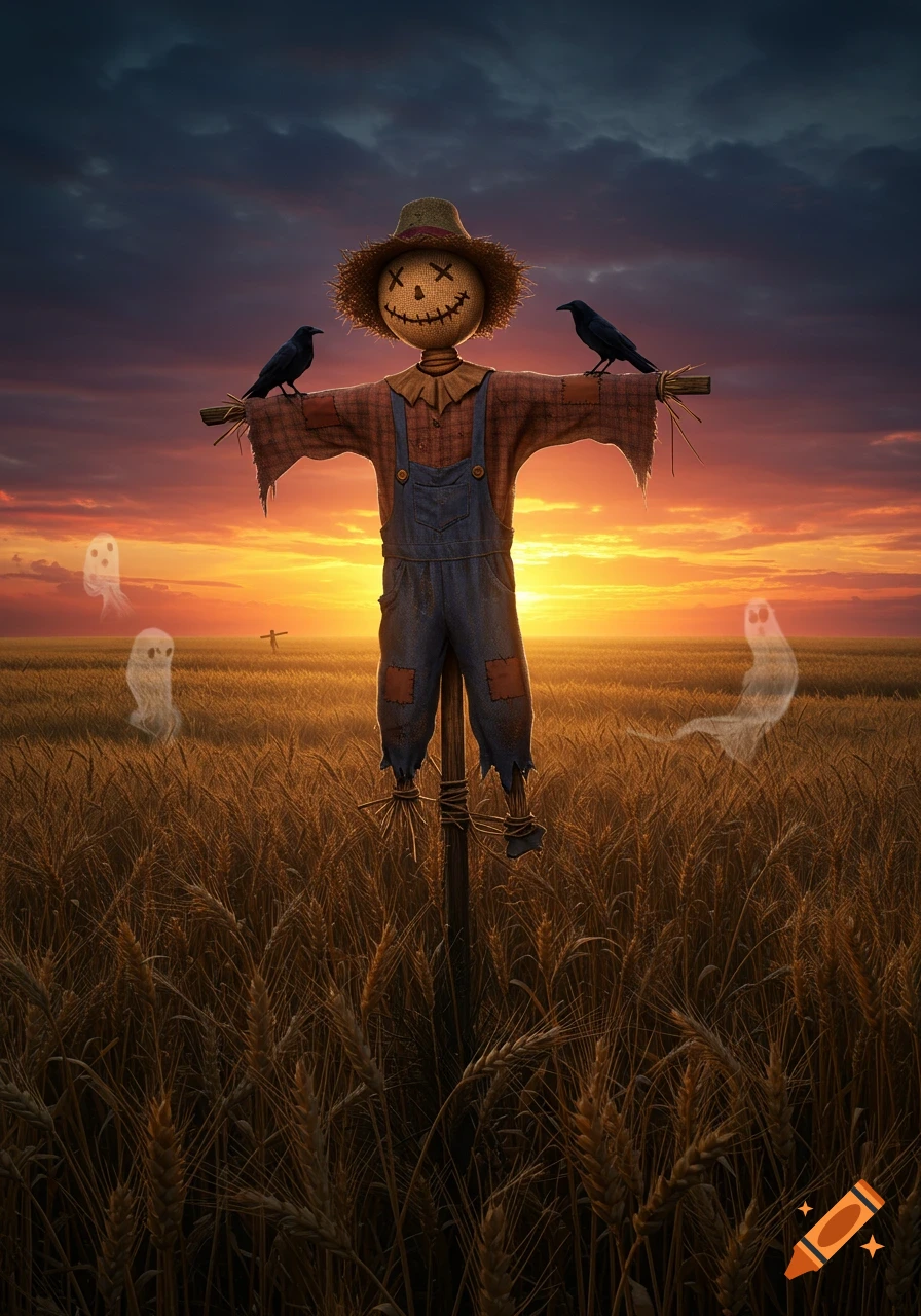 A stylized scarecrow with a stitched face stands in a wheat field at sunset, flanked by two crows and ethereal ghosts.