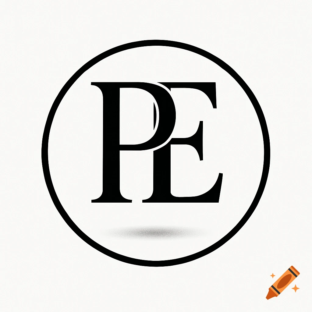 Black and white monogram logo featuring the letters P and E inside a circle with a subtle shadow.