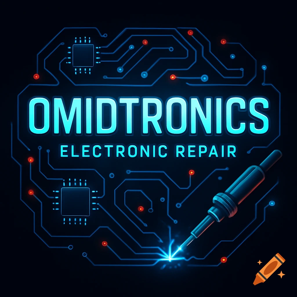 A futuristic logo for 'Omidtronics Electronic Repair' with glowing blue text, a circuit board design, and a soldering iron.