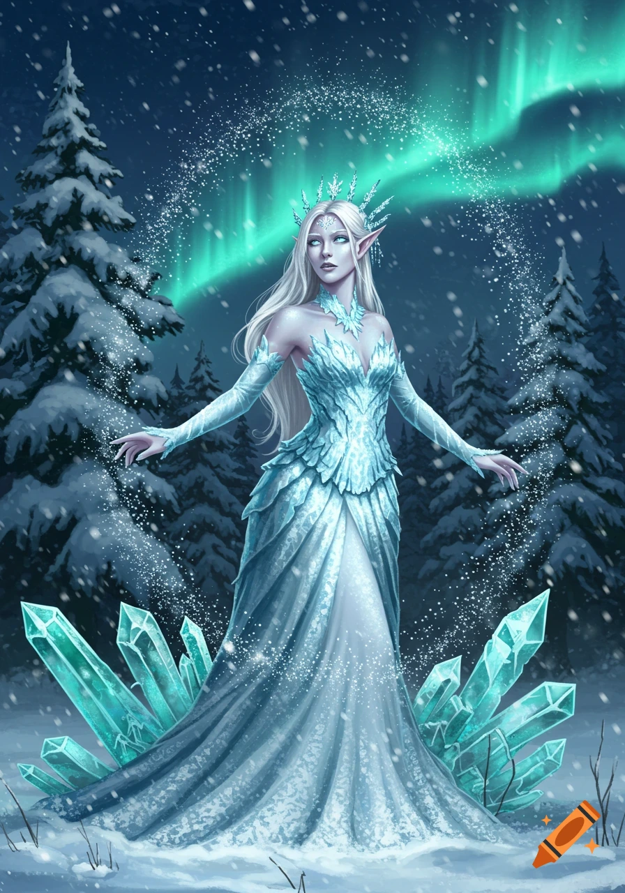 Fantasy illustration of a snow elf in an icy blue dress standing in a snowy forest with ice crystals and a green aurora.
