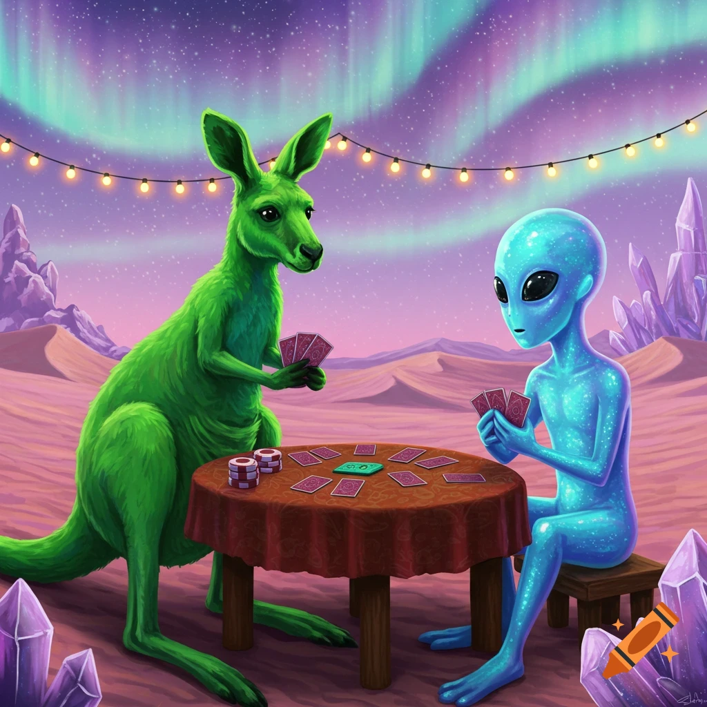 Vibrant illustration of a green kangaroo and a blue alien playing cards in a desert under an aurora sky.