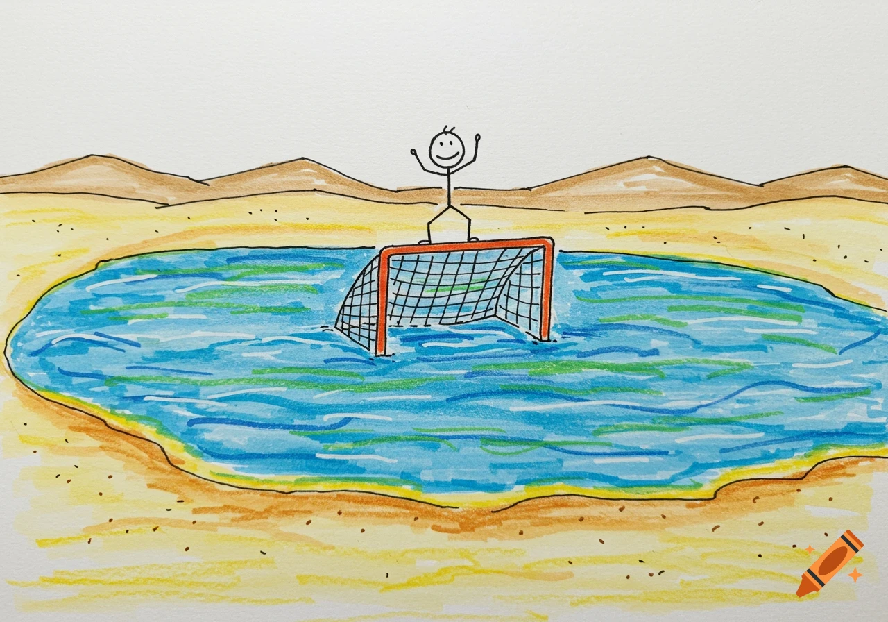 A child-like crayon drawing shows a stick figure standing on a red goal in a blue lake amidst a yellow desert landscape.