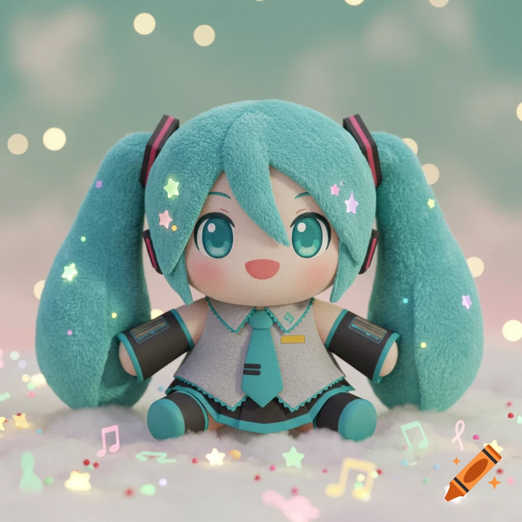 A cute Hatsune Miku fumo plushie sits on a cloud-like surface, surrounded by glowing stars and musical notes.