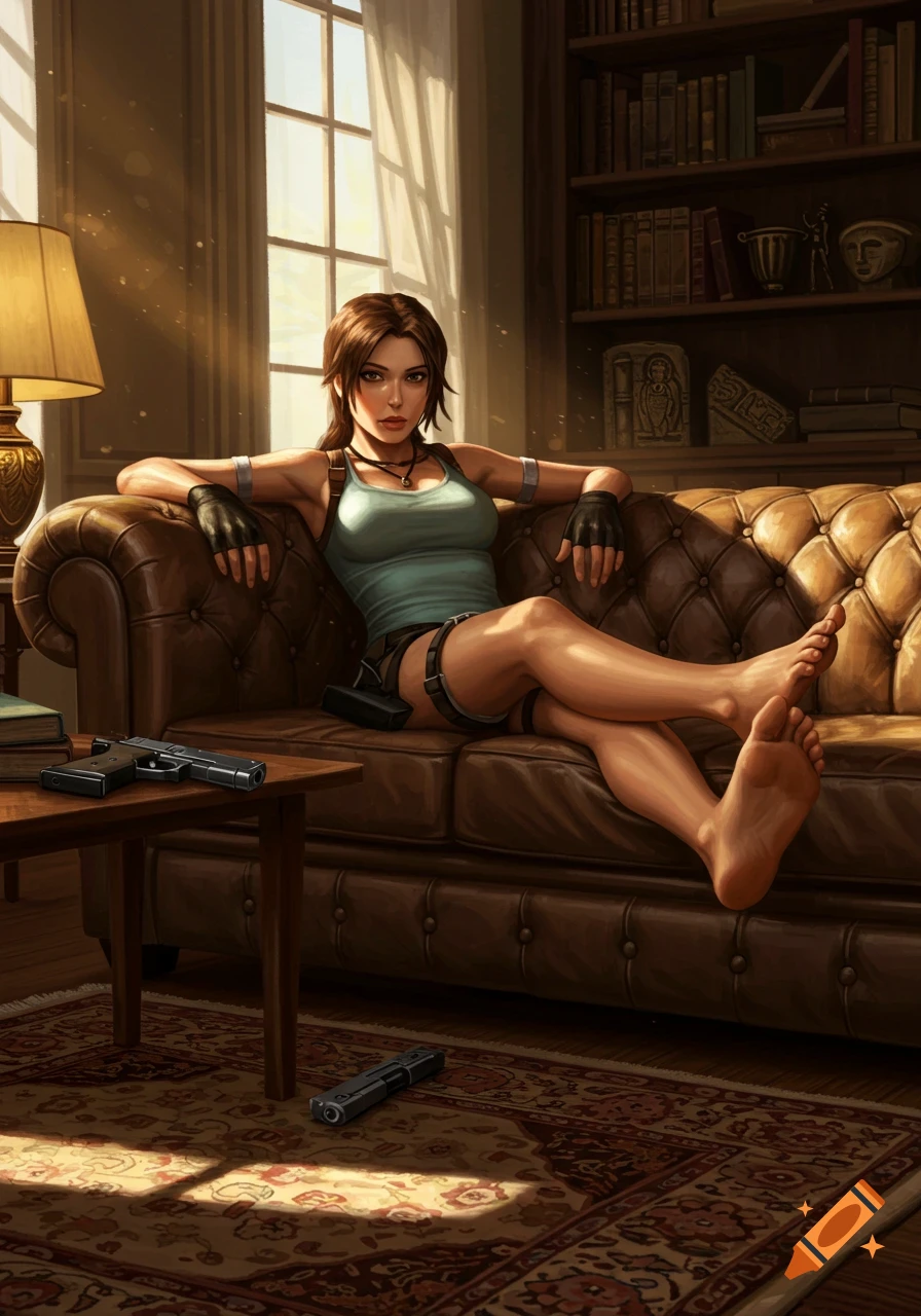 Digital art of Lara Croft relaxing on a brown leather couch in a sunlit room, with bare feet and guns nearby.