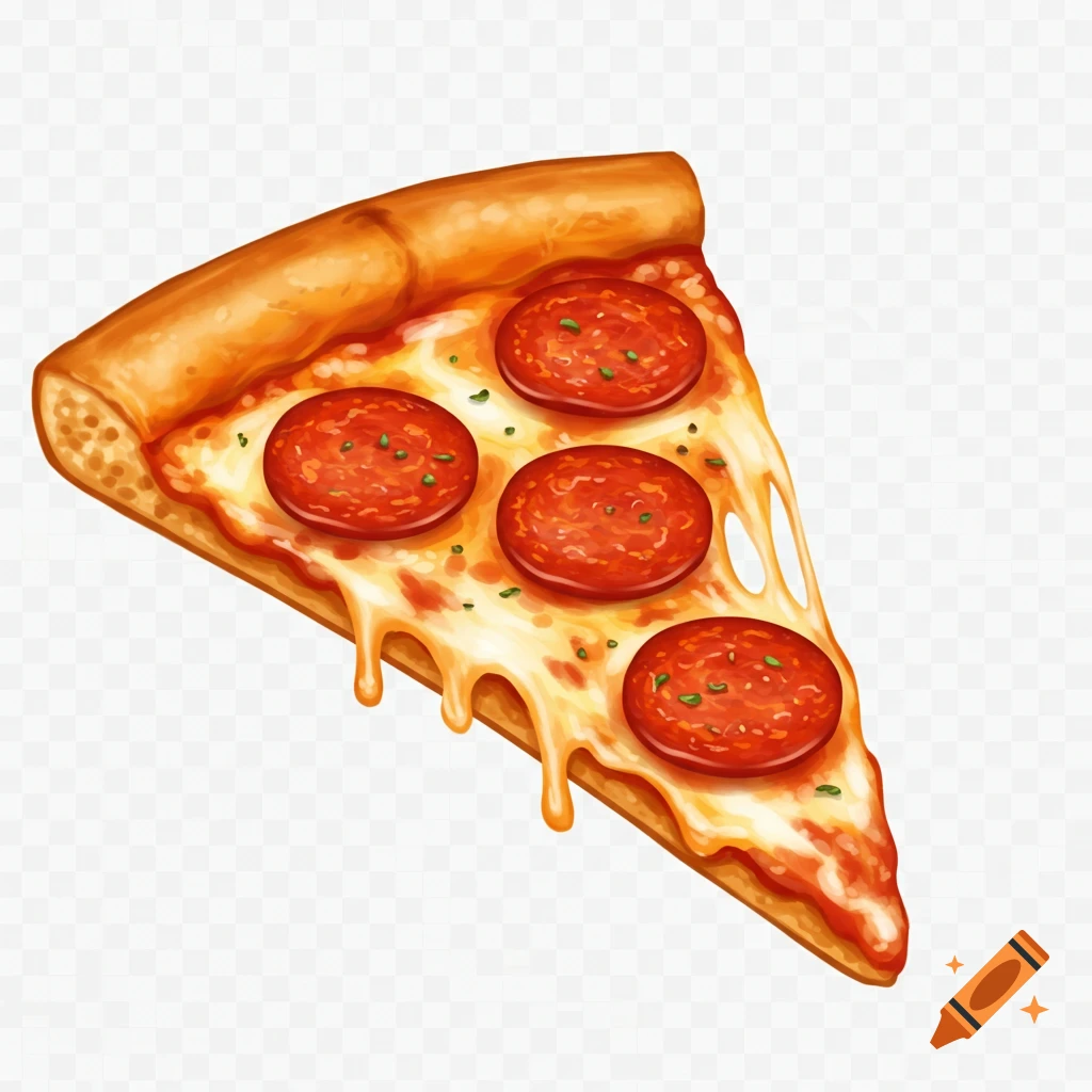 An illustrated slice of pepperoni pizza with melted cheese on a transparent background.