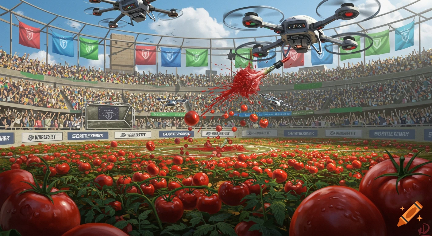 A vibrant battle arena stadium where drones fly above a field of tomato plants, shooting tomatoes, with one drone splattered. A large crowd watches from the stands.