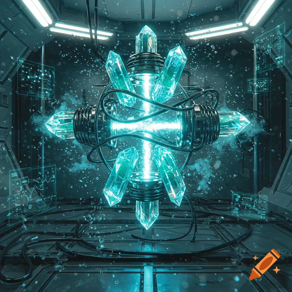 A glowing, futuristic energy device made of teal crystals and metal, emanating light in a dark, high-tech room with screens.