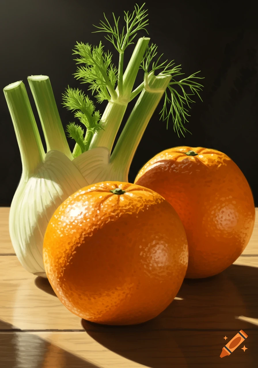 A still life painting of a fennel bulb with green fronds next to two navel oranges on a wooden surface.