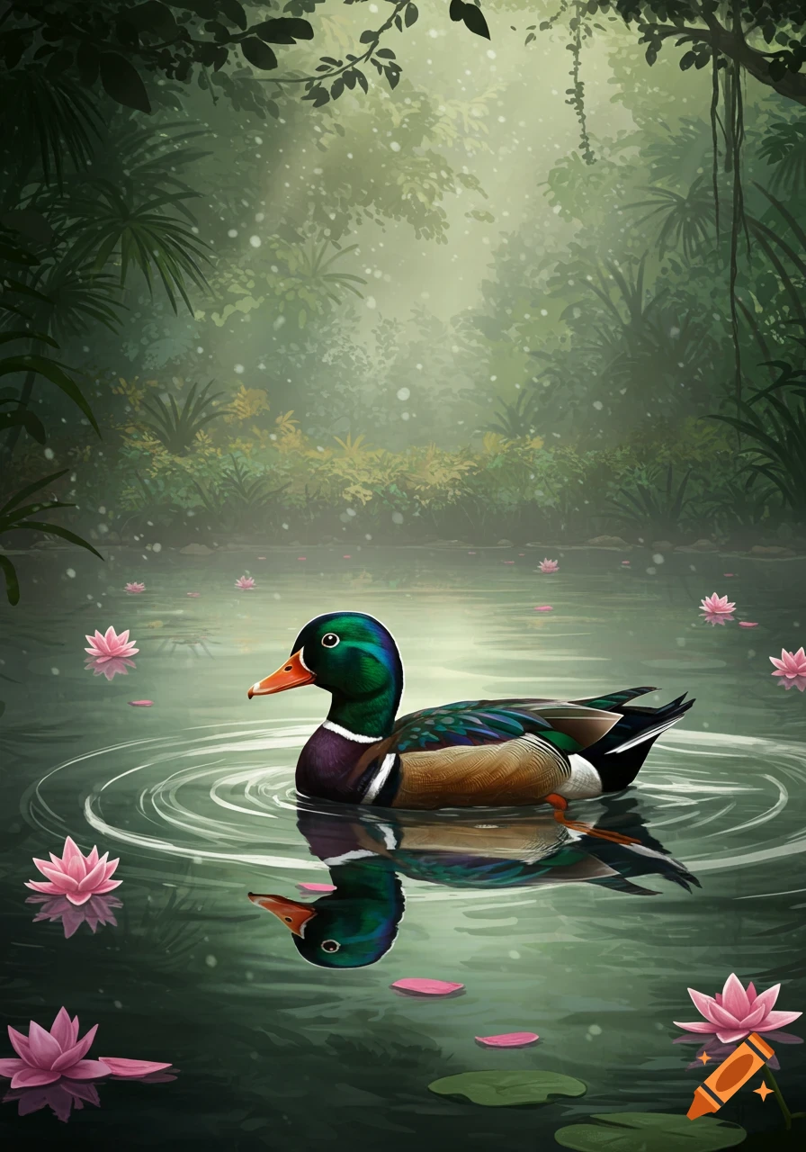 A colorful mallard duck swims in a serene pond with pink water lilies and lush green jungle foliage.