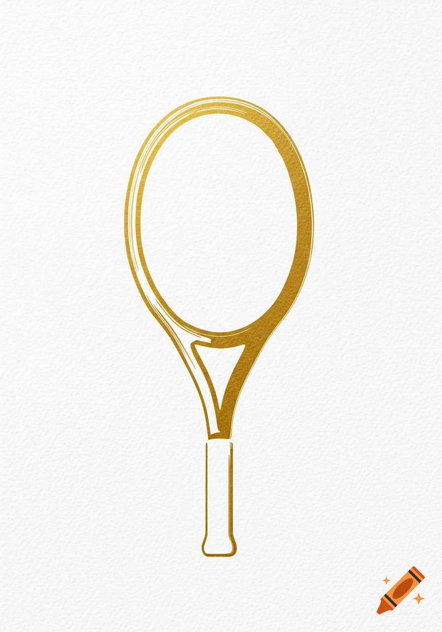 A minimalist gold brushstroke illustration of a tennis racket on a white textured background.