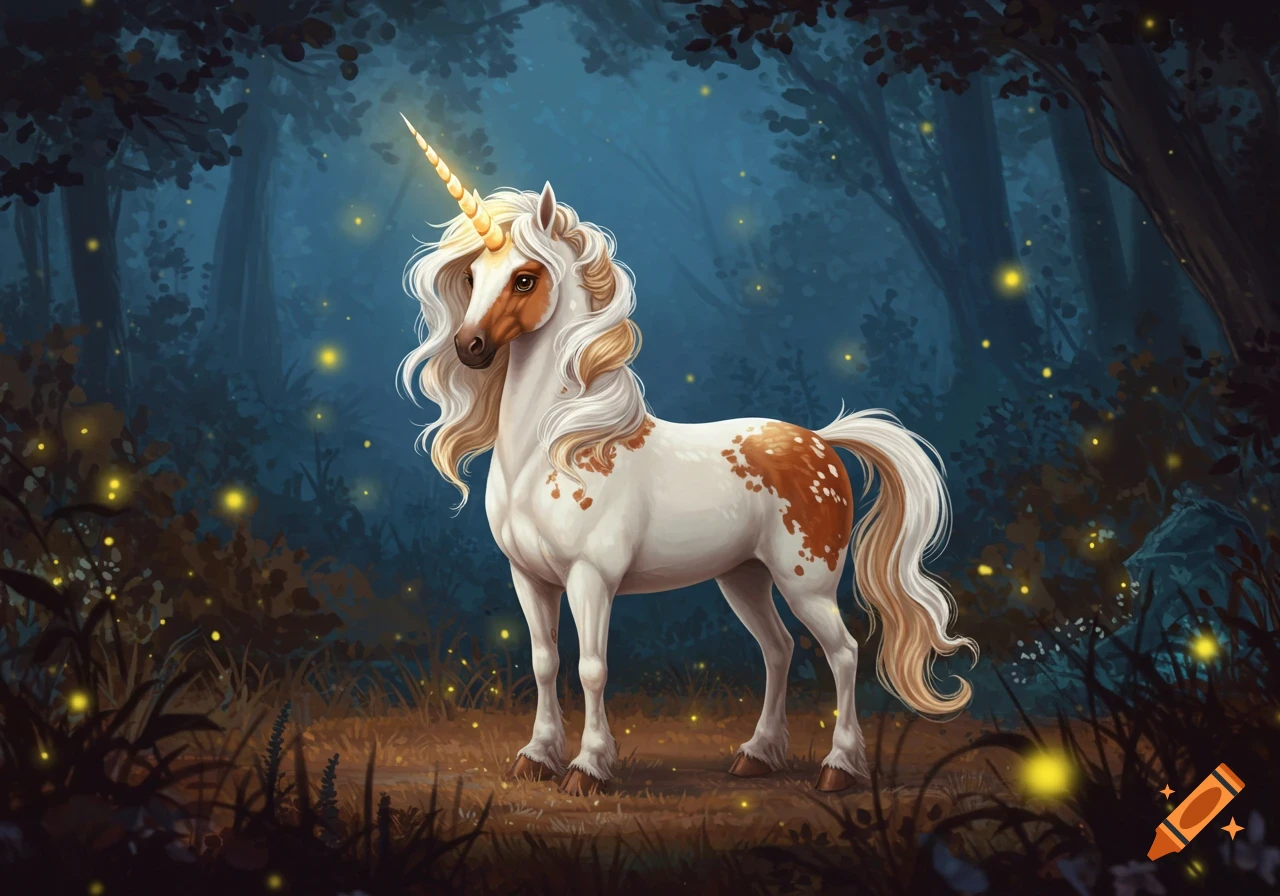 A majestic white and brown unicorn with a glowing golden horn stands in a dark, enchanted forest with fireflies.