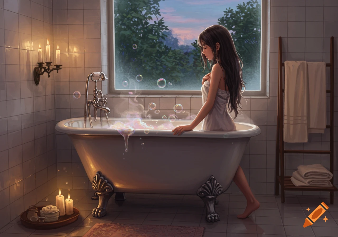 A young woman in a slip steps into a bubble bath in a candlelit bathroom with a window overlooking a twilight forest, digital art.