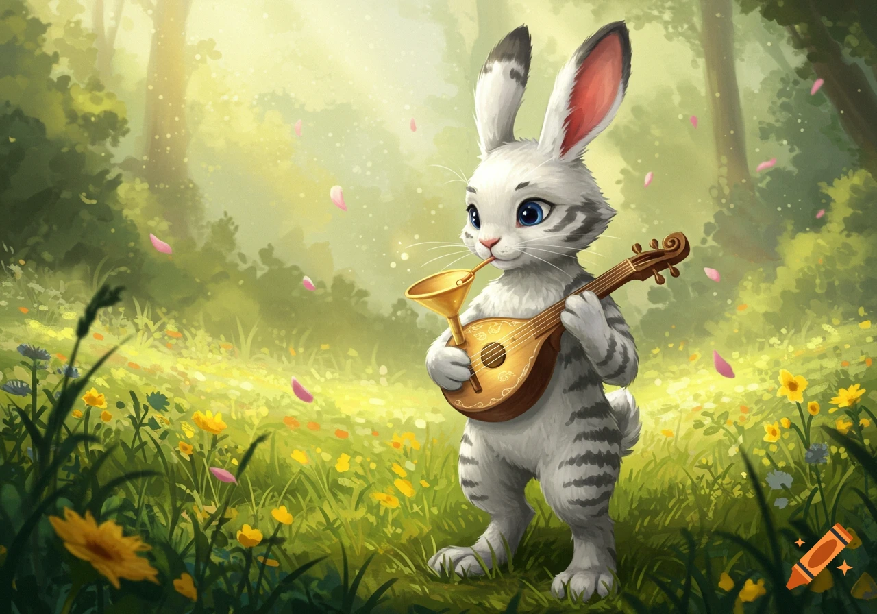 A white and grey striped rabbit with blue eyes stands in a vibrant forest meadow, playing a lute-like instrument with a golden funnel. Pink petals drift through the air.