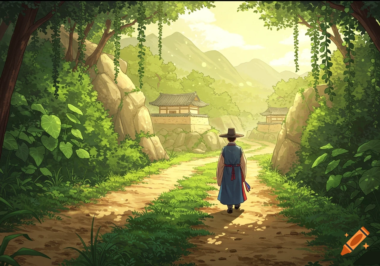A hanbok scholar walks a dirt path through a lush Korean mountain pass with traditional buildings and mountains in a 2D manga style.