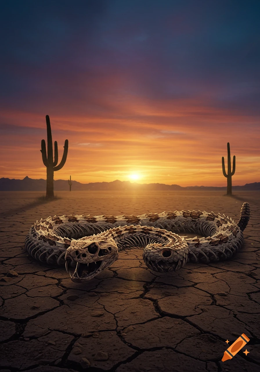 A skeleton rattlesnake coils on cracked desert ground, silhouetted by saguaro cacti under a vibrant sunset sky. Photorealistic.