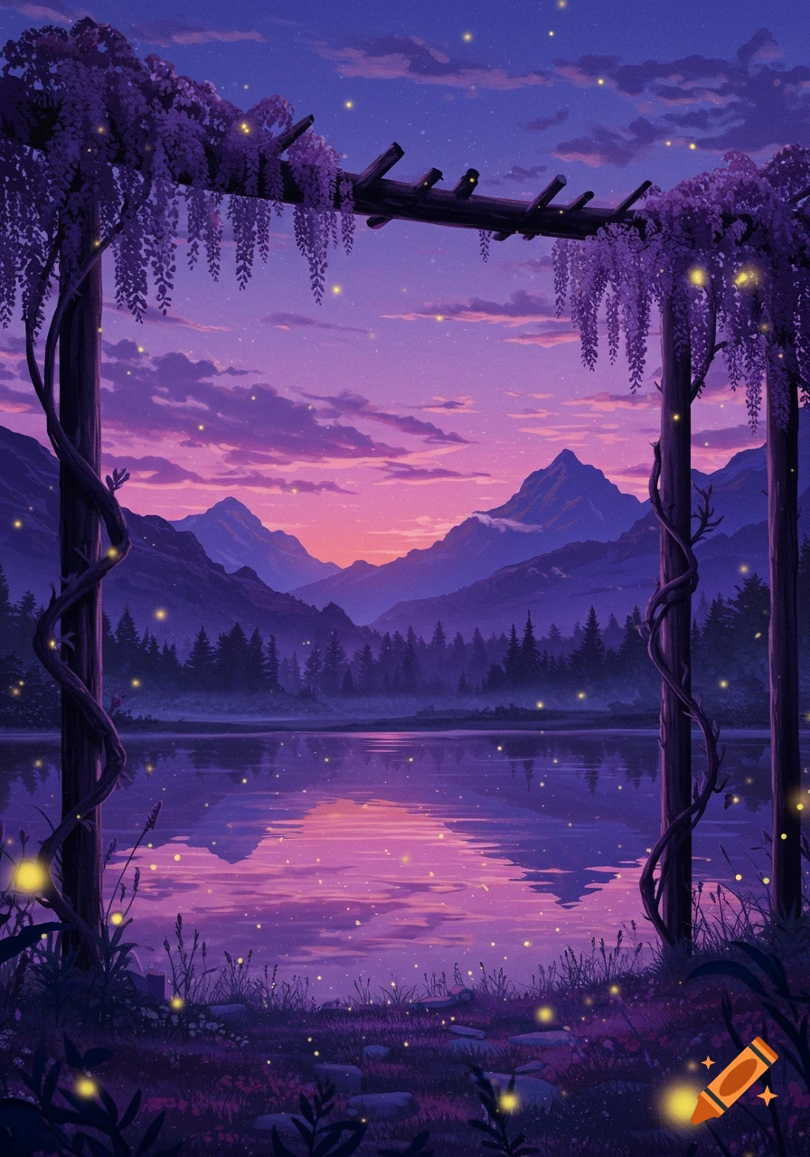 A magical purple and pink sunset over a lake, framed by a wisteria arbor with glowing fireflies, mountains, and a forest in a digital art style.