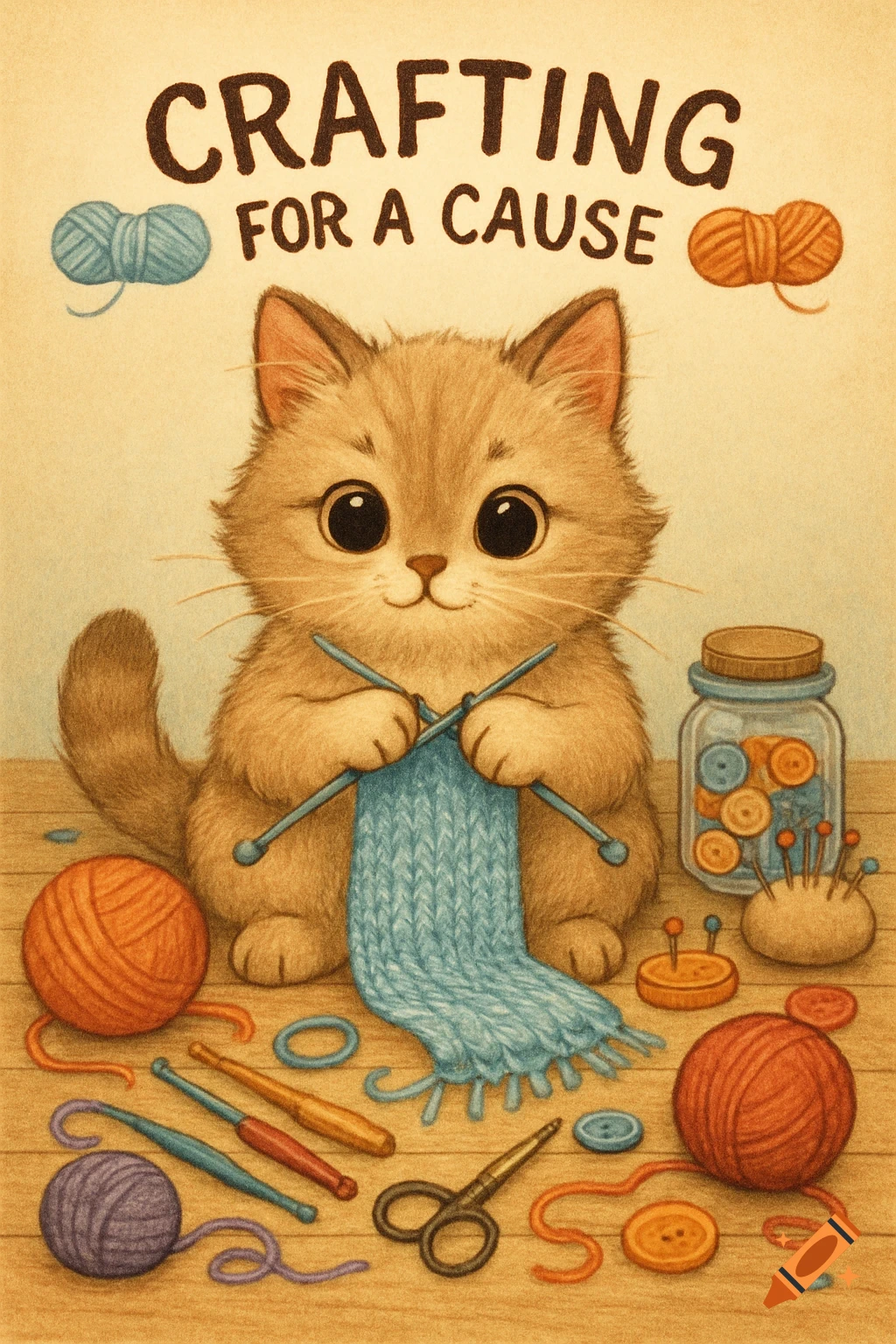 Cute drawing of a fluffy cat knitting a blue scarf, surrounded by yarn, buttons, and sewing supplies, titled 'Crafting For a Cause'.