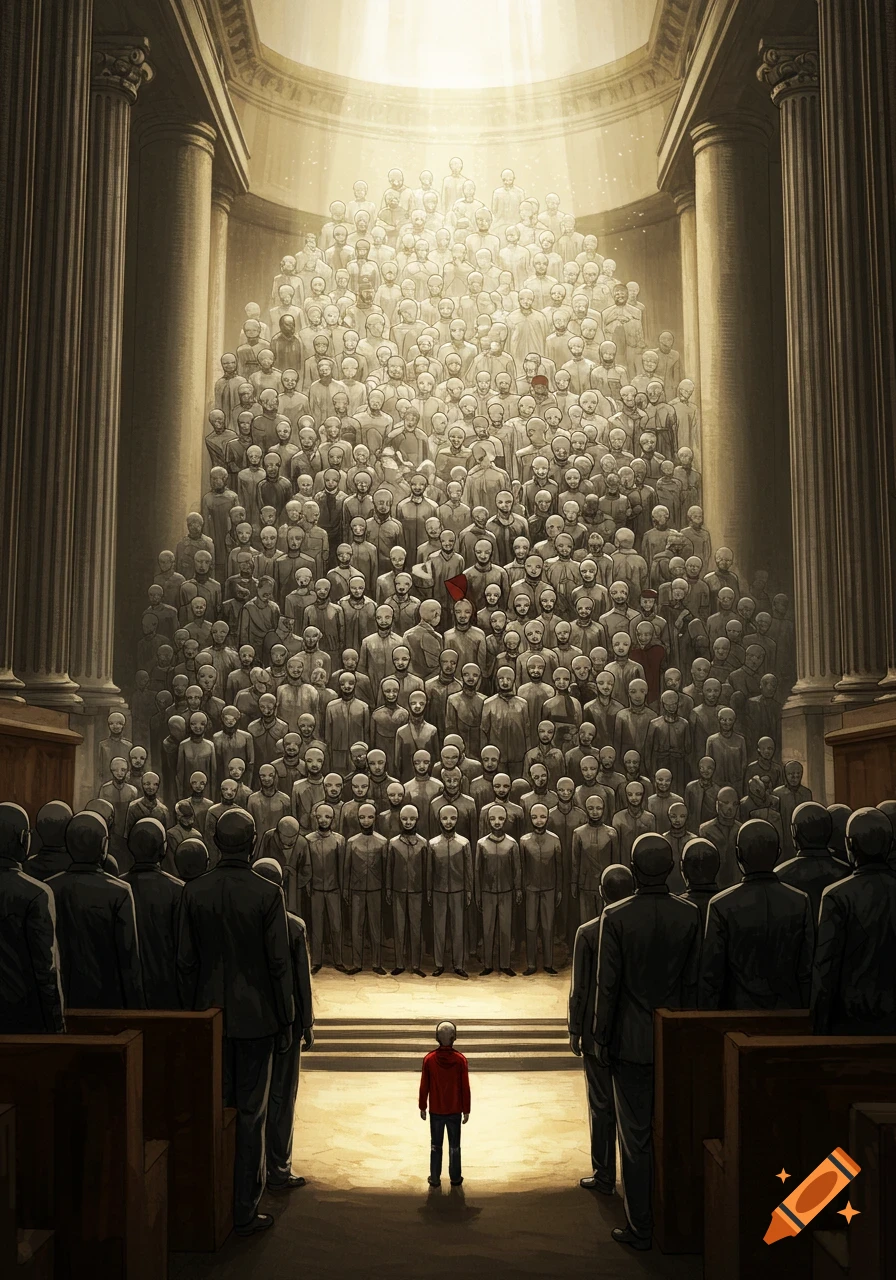A lone person in a red hoodie stands before a vast, uniform crowd of gray figures in a grand hall, bathed in light from above.