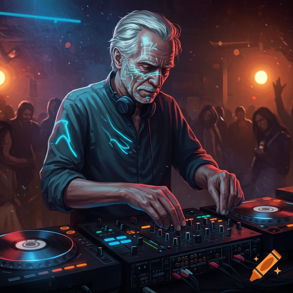 An old man with glowing circuit patterns on his face DJs at a futuristic club, intensely focused on the console in a neon-lit digital art style.