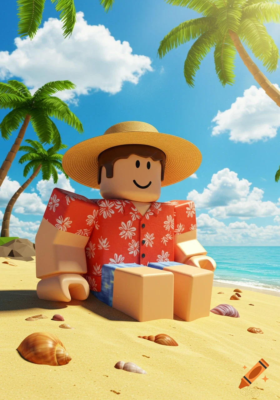 A 3D rendered Roblox character with a straw hat and Hawaiian shirt sits on a sunny beach with palm trees and seashells.