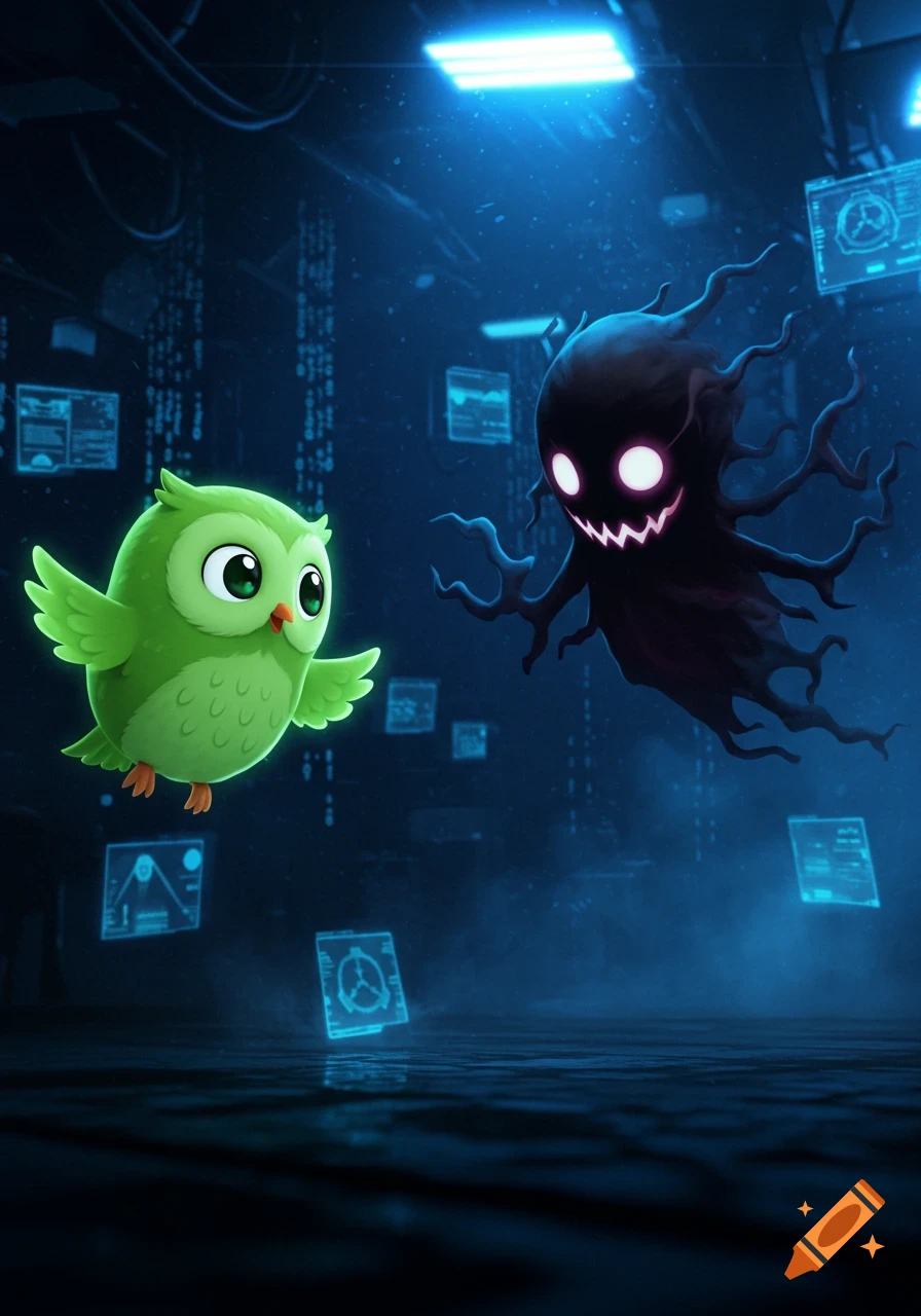 A cartoon green owl and a shadowy monster with glowing eyes face each other in a dark, futuristic blue-lit room with holographic screens.