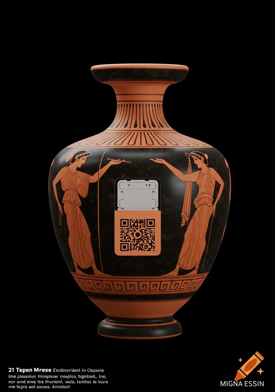 An ancient Greek red-figure pottery vase features two figures. A modern, rectangular access badge with a QR code is integrated into its center, blending modern and ancient styles.