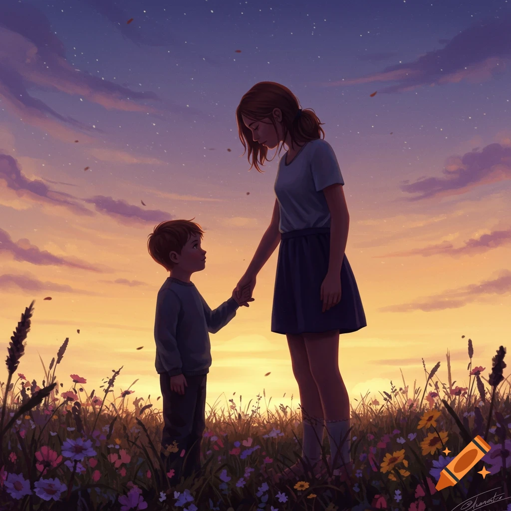 A woman and a young boy hold hands in a field of wildflowers at sunset, a stylized digital illustration.
