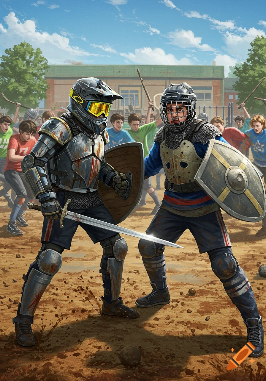 Two young warriors in armor made of sports equipment duel on a school playground, swords and shields ready, with other children battling behind them. Stylized illustration.
