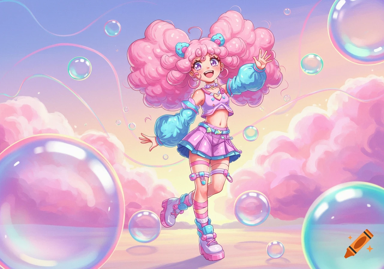 An anime girl with voluminous pink hair and a pastel outfit smiles and waves amidst pink clouds and iridescent bubbles.