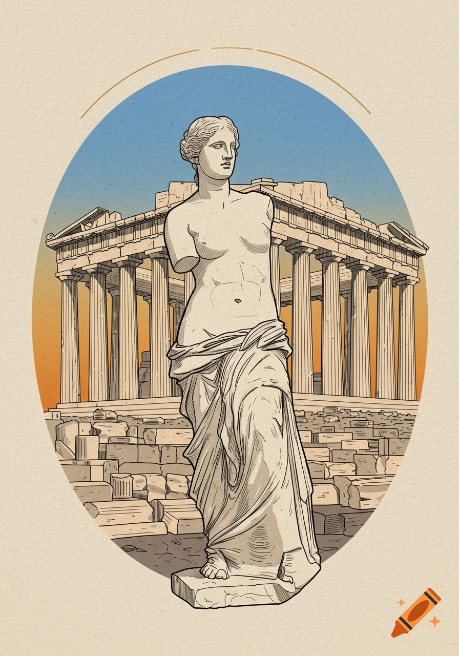 Illustrated Venus de Milo statue in front of the Parthenon ruins, vintage style, within an oval frame.