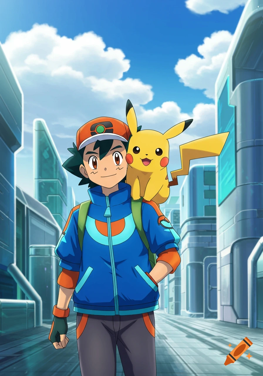 Ash from Pok 00e9mon wearing a blue and orange jacket with Pikachu on his shoulder, standing in a futuristic city.