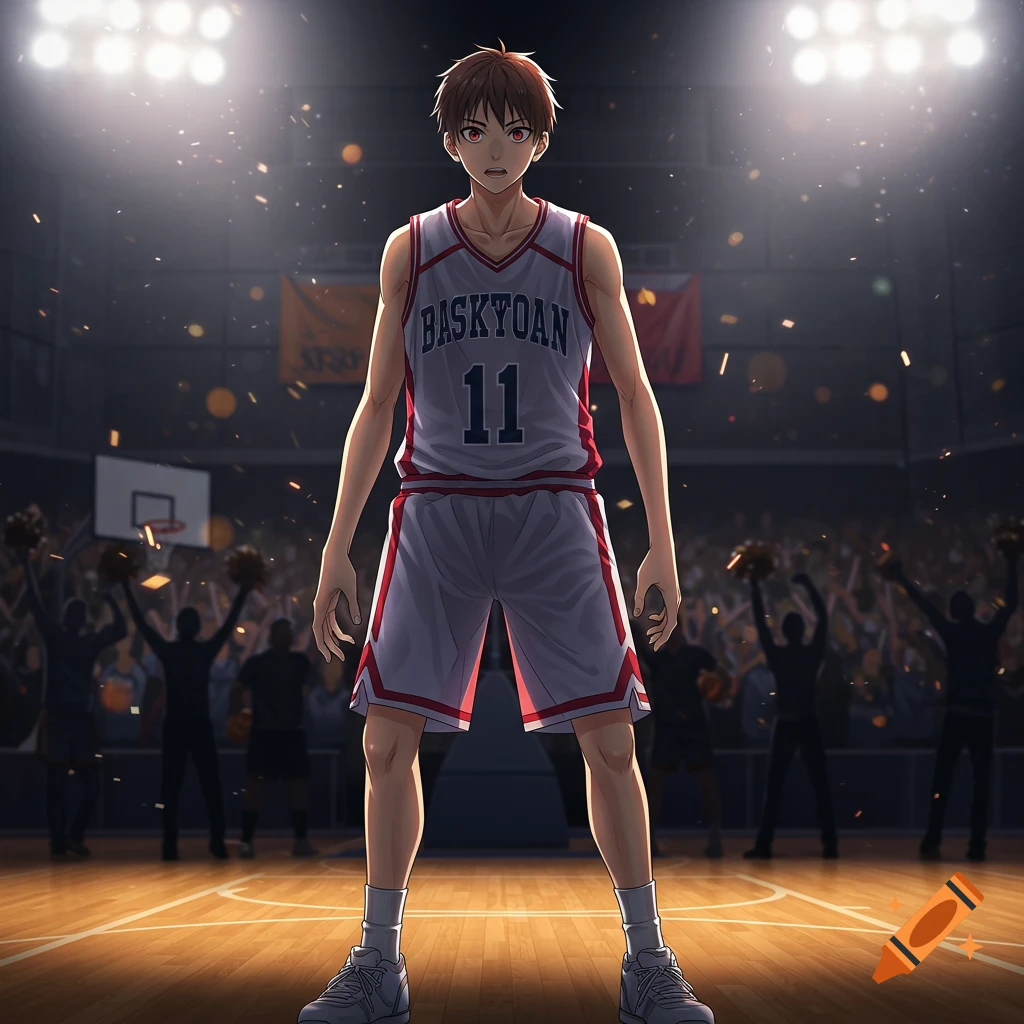 Anime basketball player standing confidently on a brightly lit court in a stadium with a cheering crowd.
