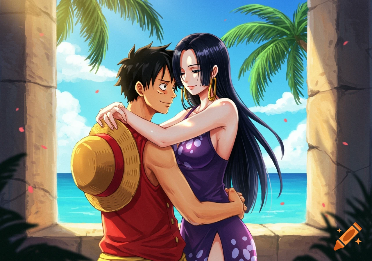 Anime characters Luffy and Hancock embrace on a stone balcony overlooking a tropical beach with palm trees.