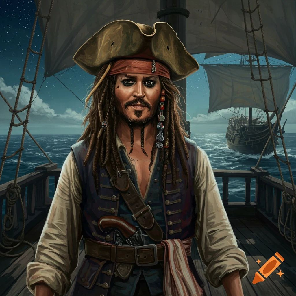 A painted portrait of a man resembling Captain Jack Sparrow, standing on a pirate ship's deck at sea.