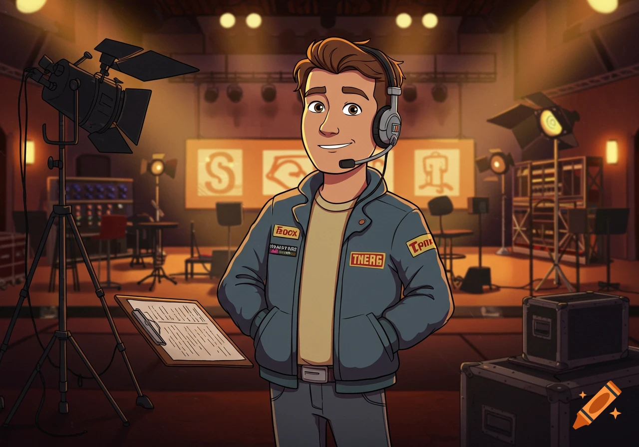 A cartoon man with a headset smiles in a TV production studio, surrounded by lights and equipment.