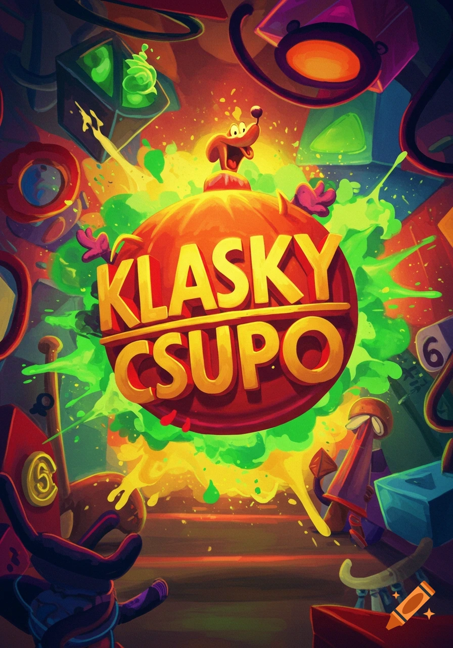A vibrant cartoon illustration with a dog-like character on an orange sphere featuring 'KLASKY CSUPO' text, amidst green and yellow splatters.