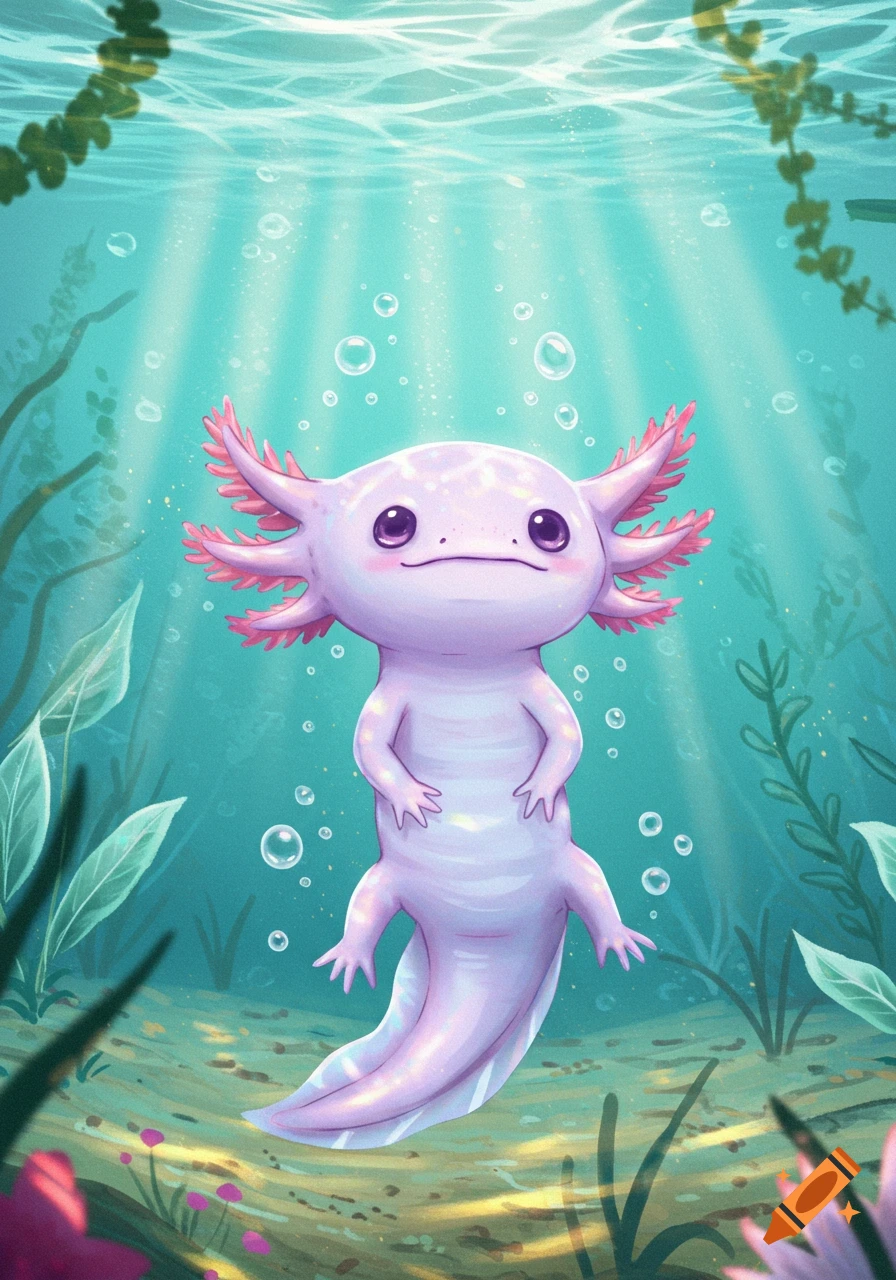 A cute pastel purple axolotl with pink gills swims underwater, surrounded by bubbles and green aquatic plants, with light filtering from above.