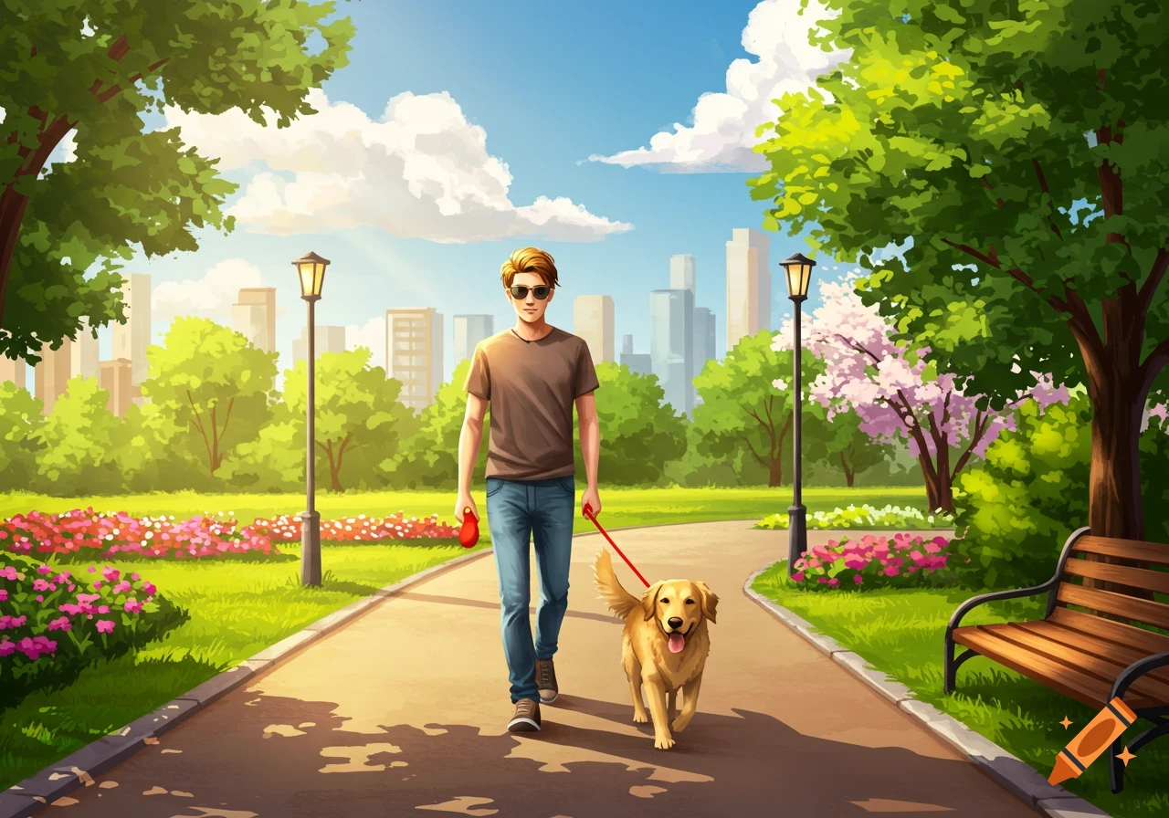 A vibrant illustration of a man walking his golden retriever dog on a leash through a sunny park with a city skyline in the background.