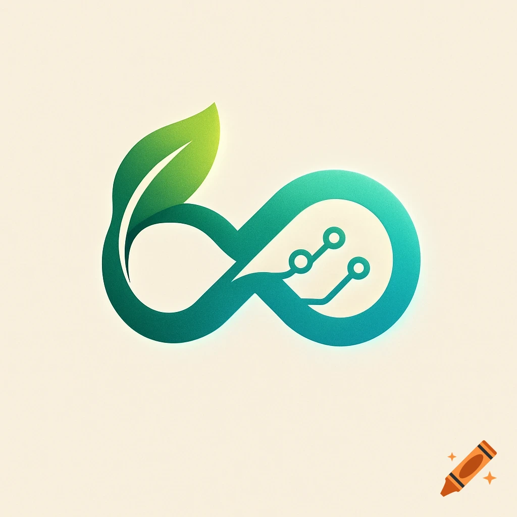 A stylized logo combining a green leaf with an infinity symbol that integrates blue-green circuit board lines.