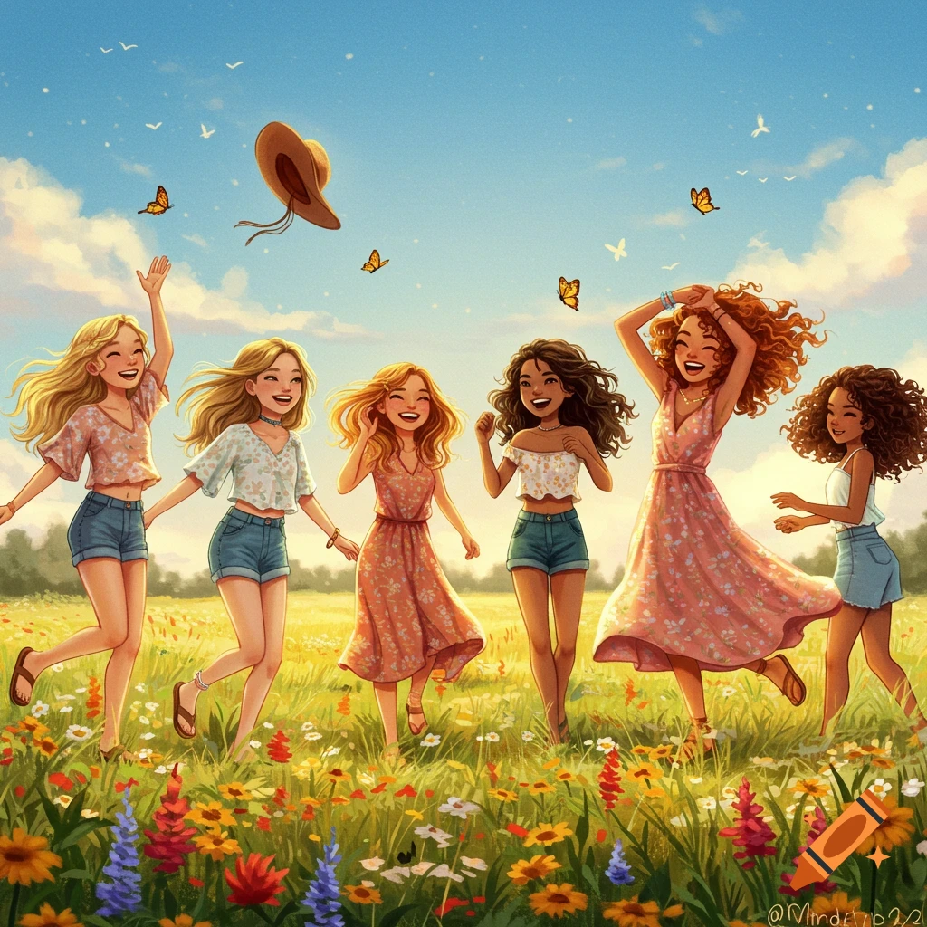 Six joyful young women in summer dresses and shorts run through a sunny field of colorful wildflowers, one throwing a hat, in a vibrant illustration.
